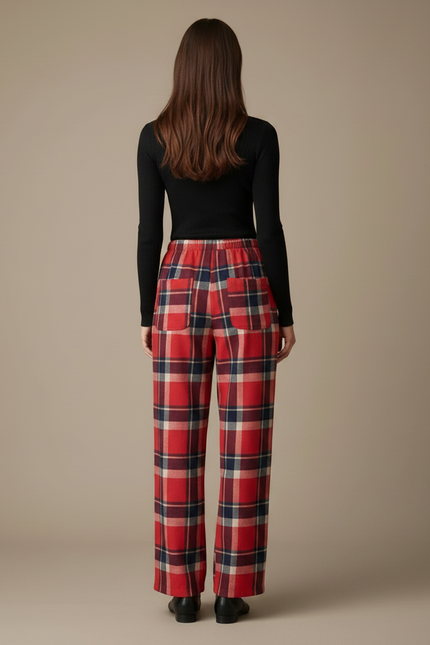 Pantalon Fluide Carreaux Rouges Ample Décontracté Femme - Laine - vue 2