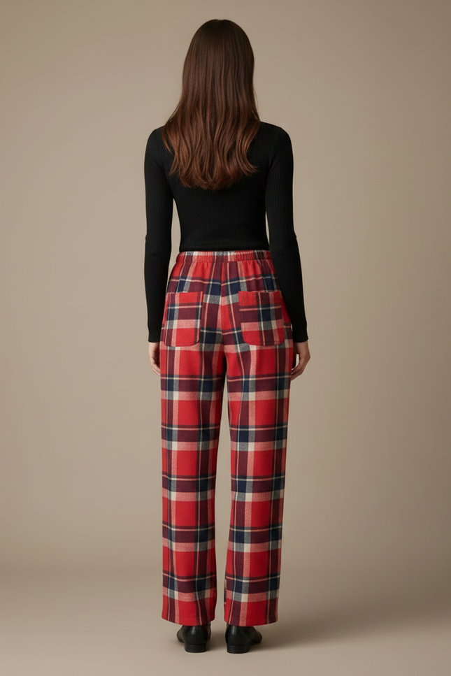 Pantalon Fluide Carreaux Rouges Ample Décontracté Femme - Laine - vue 2
