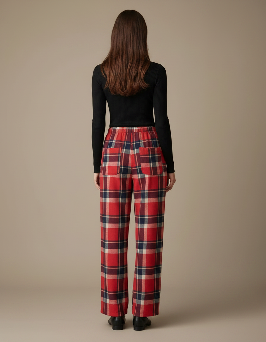 Pantalon Fluide Carreaux Rouges Ample Décontracté Femme - Laine - vue 2