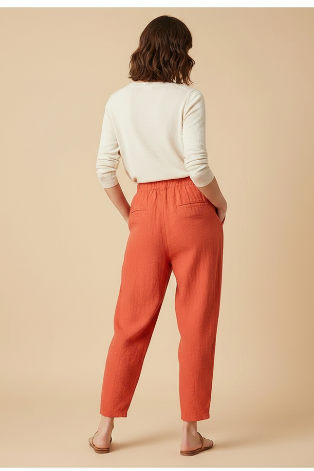 Pantalon Fluide Lin Coton Ample Carotte Orange - vue 2