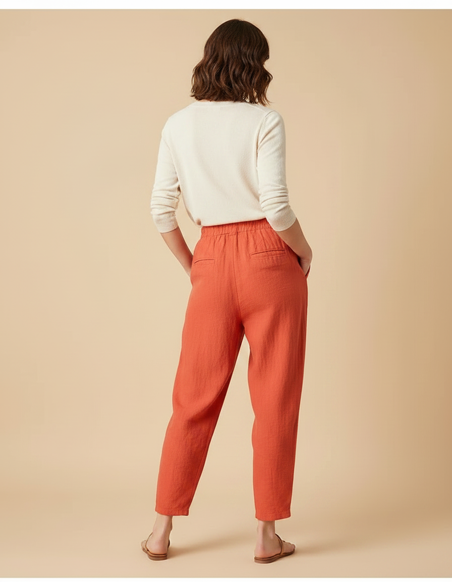 Pantalon Fluide Lin Coton Ample Carotte Orange - vue 2