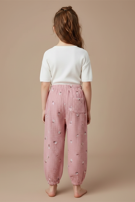 Pantalon Fluide Rose Mousseline Ample Brodé Enfants - Coton - vue 2