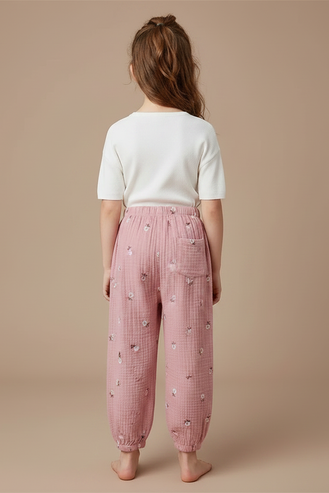 Pantalon Fluide Rose Mousseline Ample Brodé Enfants - Coton - vue 2