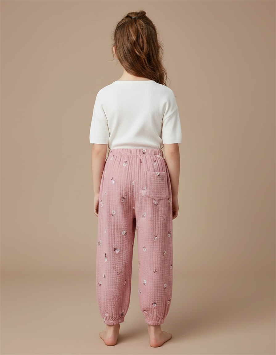 Pantalon Fluide Rose Mousseline Ample Brodé Enfants - Coton - vue 2