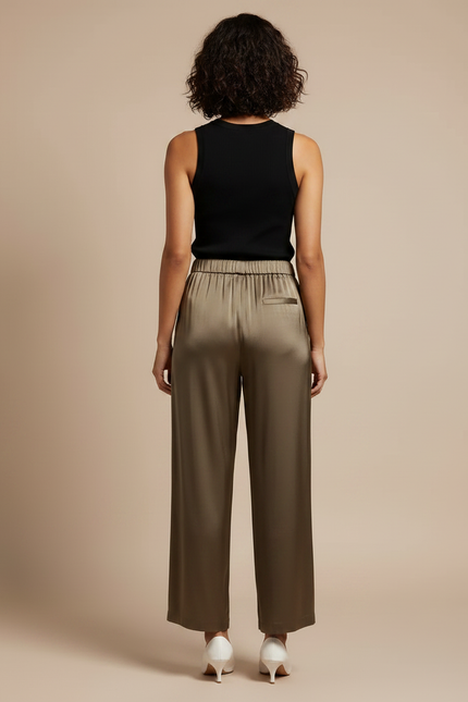 Pantalon Fluide Satiné Ample Kaki Taille Haute - vue 2
