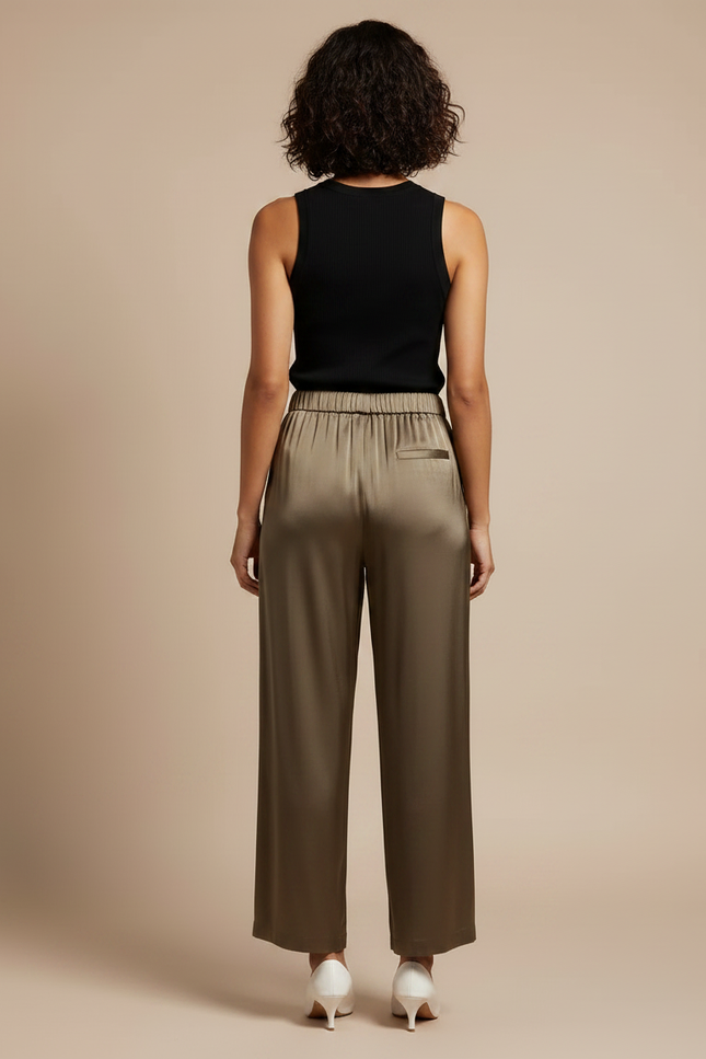 Pantalon Fluide Satiné Ample Kaki Taille Haute - vue 2