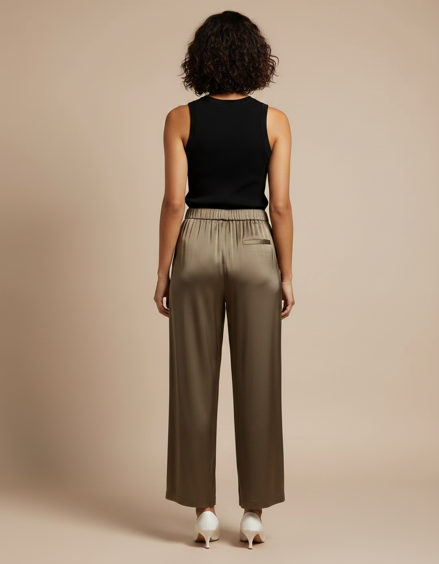 Pantalon Fluide Satiné Ample Kaki Taille Haute - vue 2