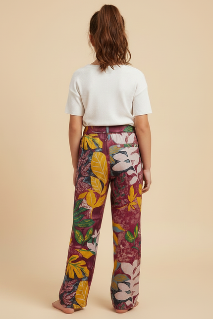 Pantalon Fluide Imprimé Floral Large Rouge Fille - Bordeaux Viscose - vue 2