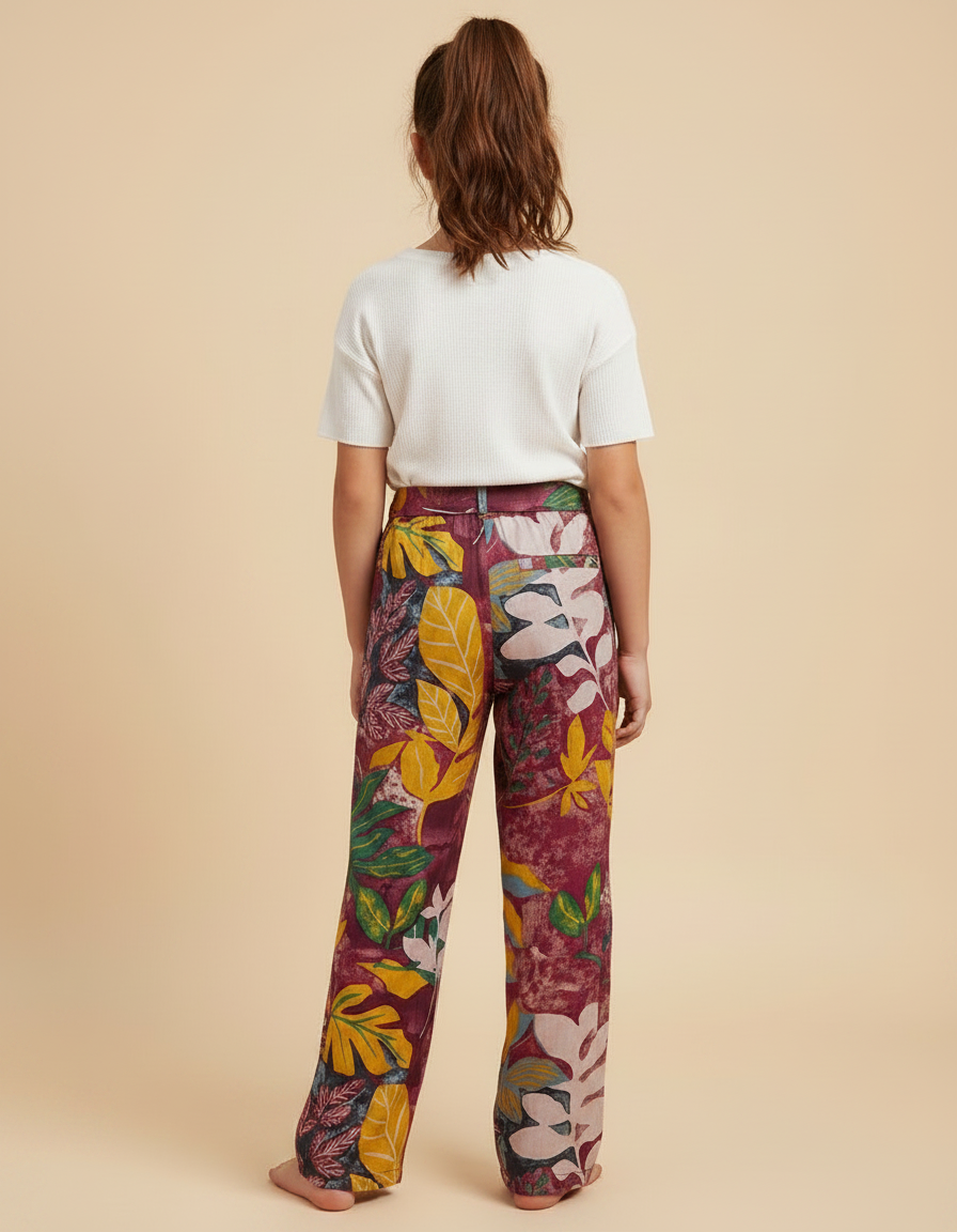 Pantalon Fluide Imprimé Floral Large Rouge Fille - Bordeaux Viscose - vue 2