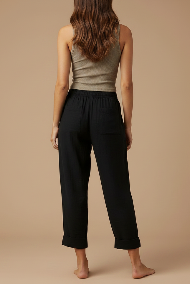 Pantalon Fluide Noir Ample Coton Lin Casual Confortable - vue 2