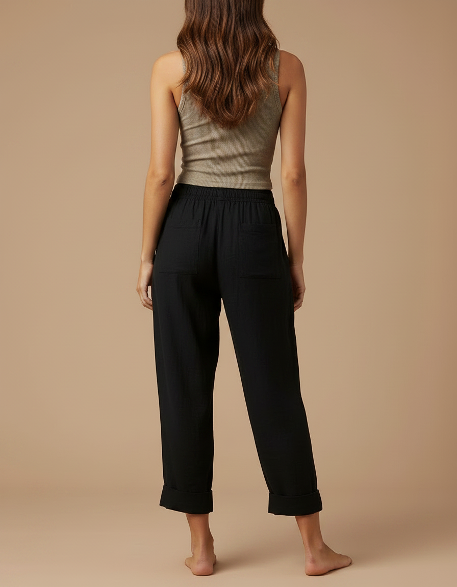 Pantalon Fluide Noir Ample Coton Lin Casual Confortable - vue 2