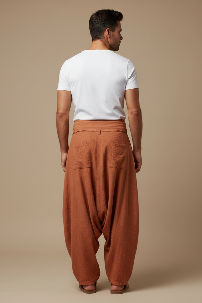 Pantalon Fluide Harem Lin Coton Ample Terracota Homme - Marron - vue 2