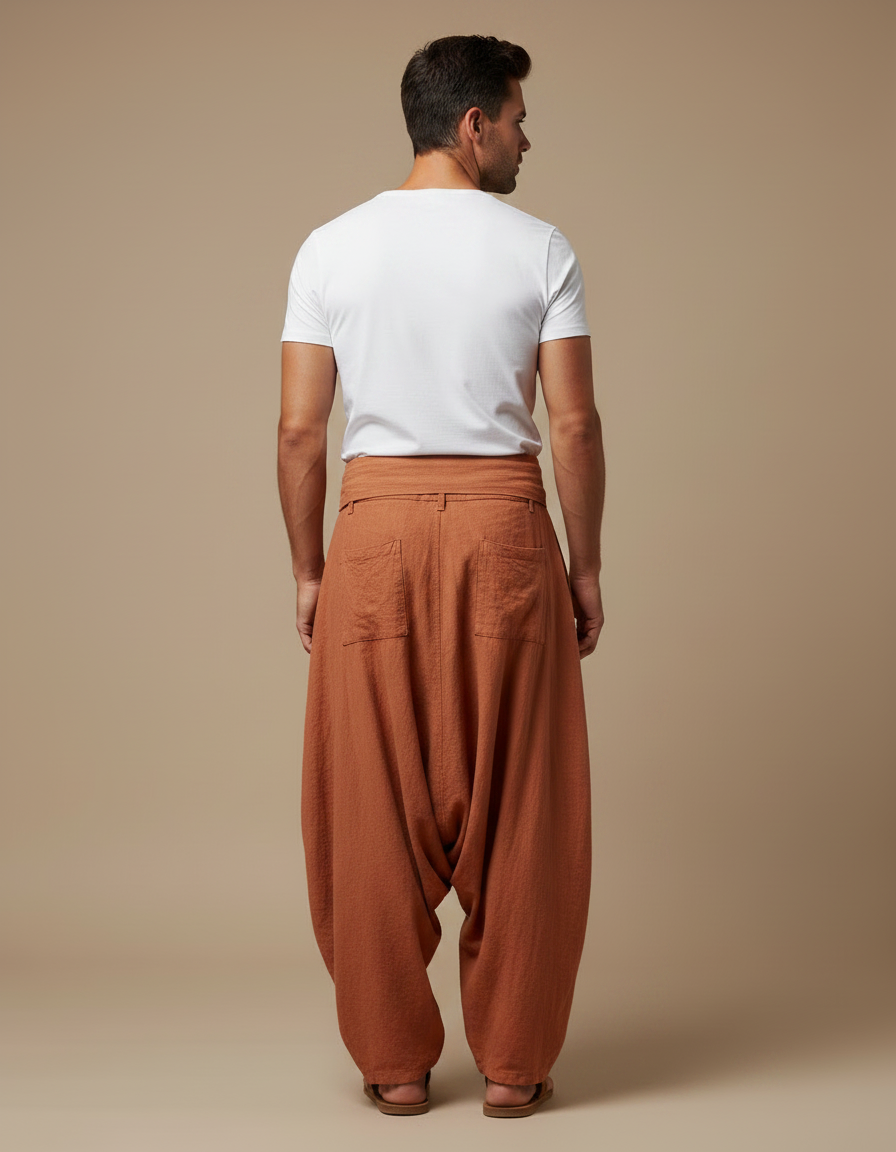 Pantalon Fluide Harem Lin Coton Ample Terracota Homme - Marron - vue 2