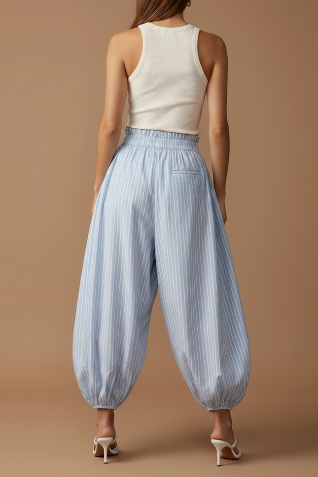 Pantalon Fluide Rayé Bleu Ciel Ample Élastiqué - Coton - vue 2
