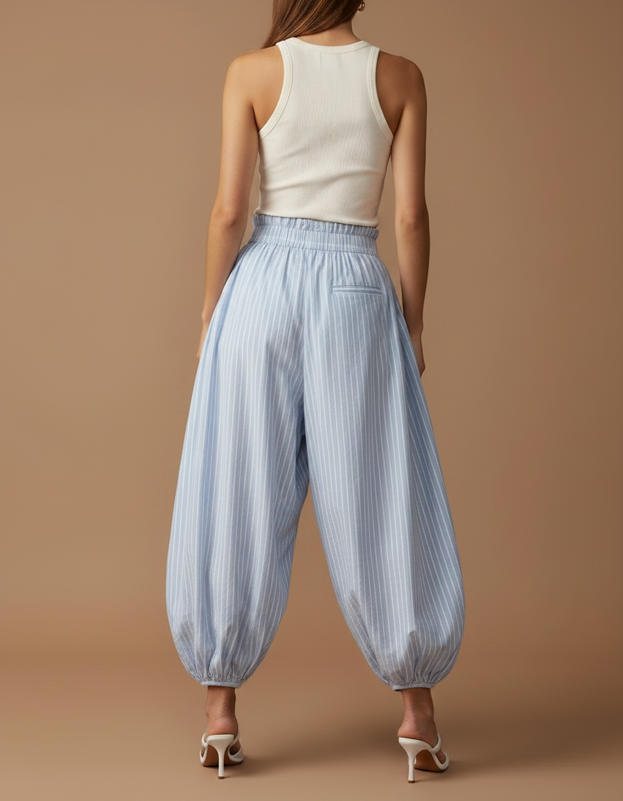 Pantalon Fluide Rayé Bleu Ciel Ample Élastiqué - Coton - vue 2