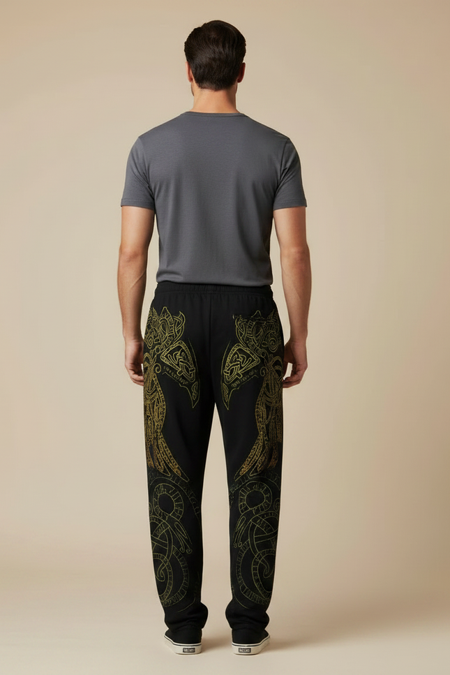 Pantalon Fluide Noir Ample Imprimé Totem Viking Homme - Molleton - vue 2