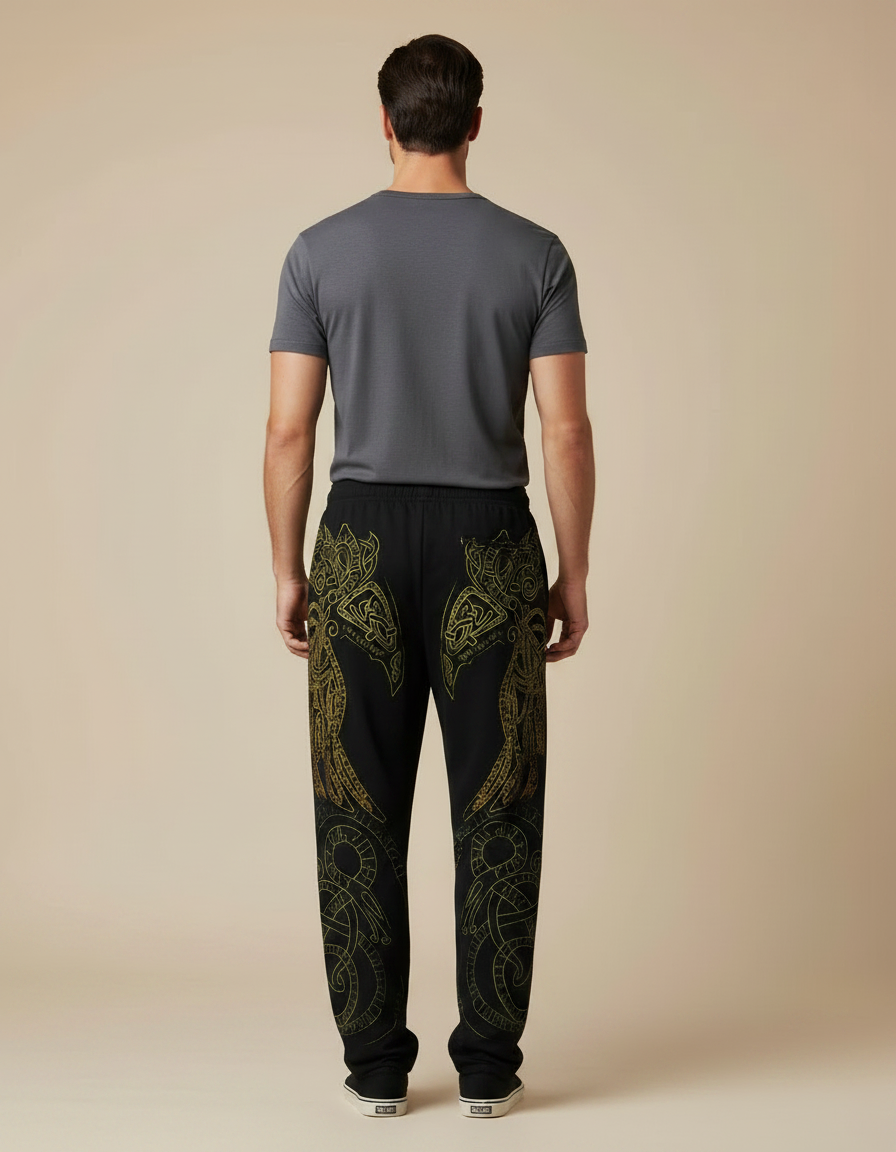 Pantalon Fluide Noir Ample Imprimé Totem Viking Homme - Molleton - vue 2