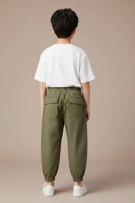 Pantalon Fluide Vert Militaire Ample Harem Coton Enfant - Kaki Toile - vue 2