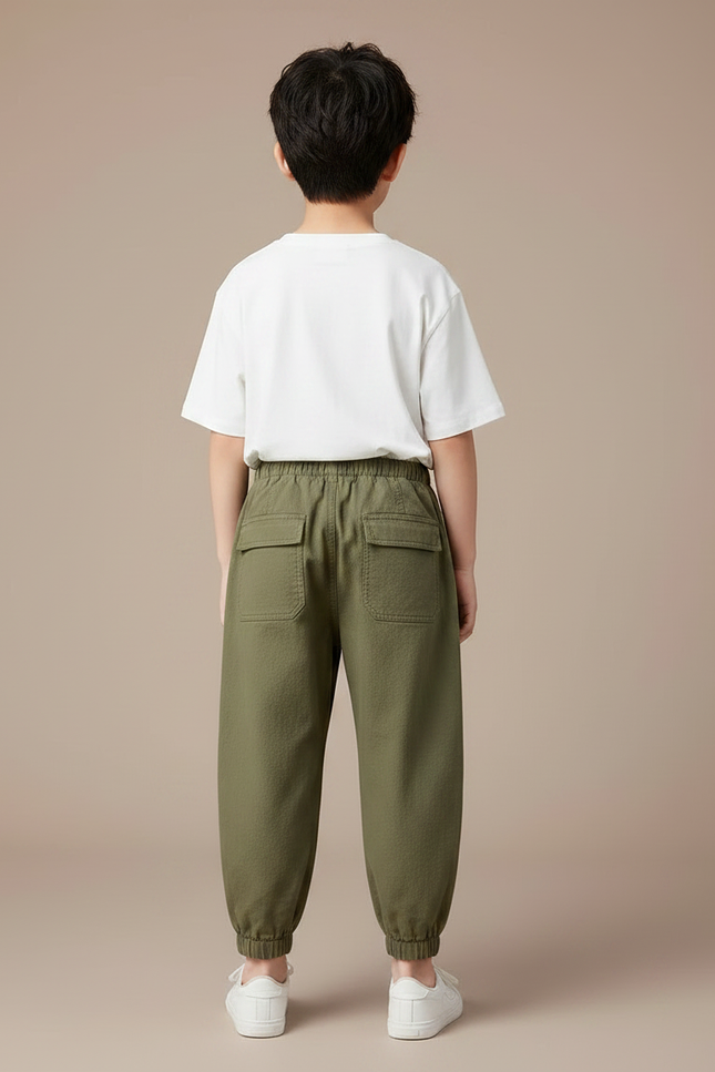 Pantalon Fluide Vert Militaire Ample Harem Coton Enfant - Kaki Toile - vue 2