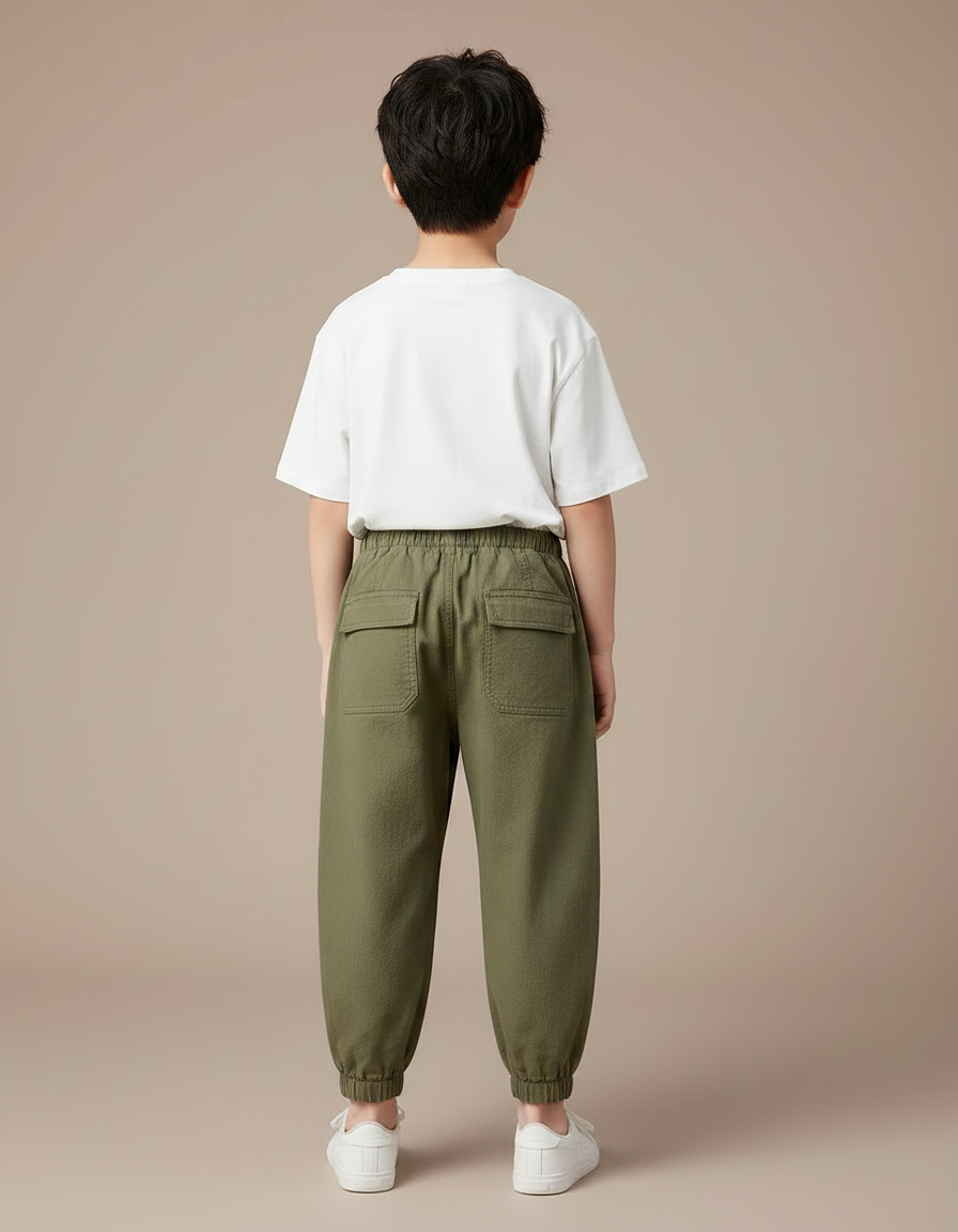 Pantalon Fluide Vert Militaire Ample Harem Coton Enfant - Kaki Toile - vue 2