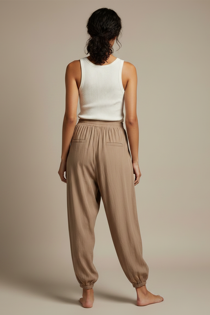 Pantalon Fluide Marron Ample Taille Élastique Confortable - Lin - vue 2