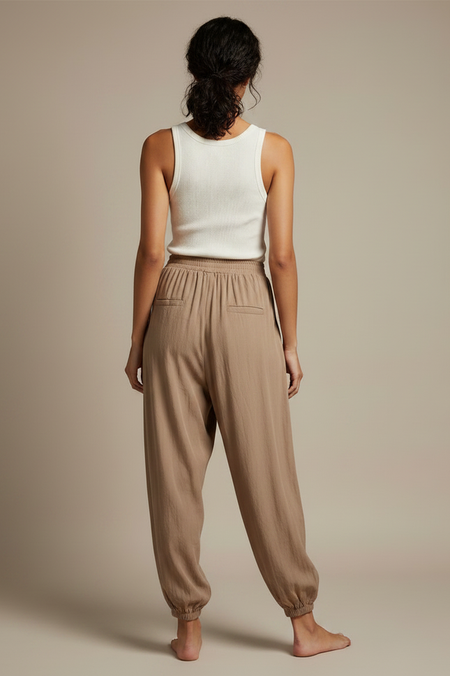 Pantalon Fluide Marron Ample Taille Élastique Confortable - Lin - vue 2