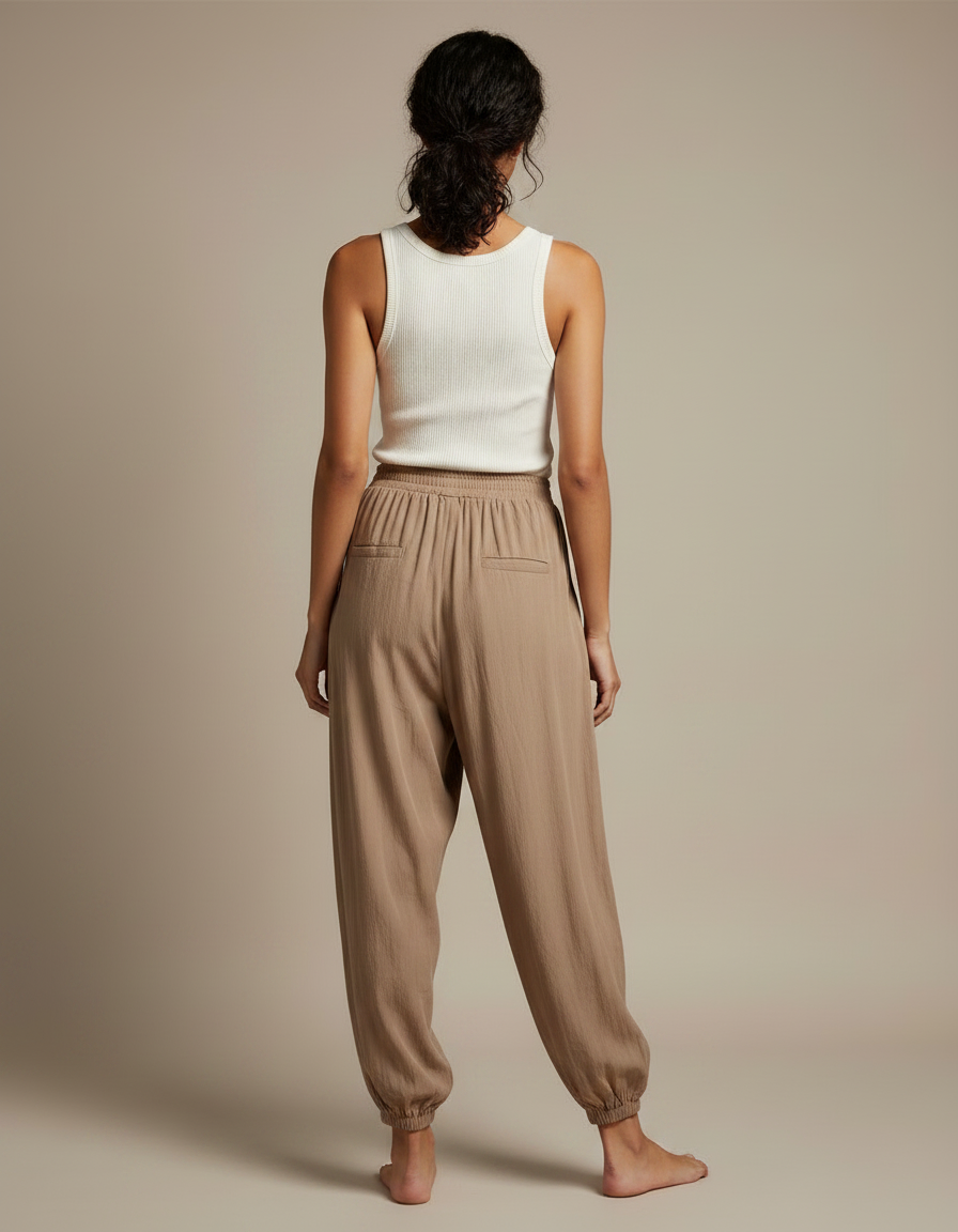 Pantalon Fluide Marron Ample Taille Élastique Confortable - Lin - vue 2
