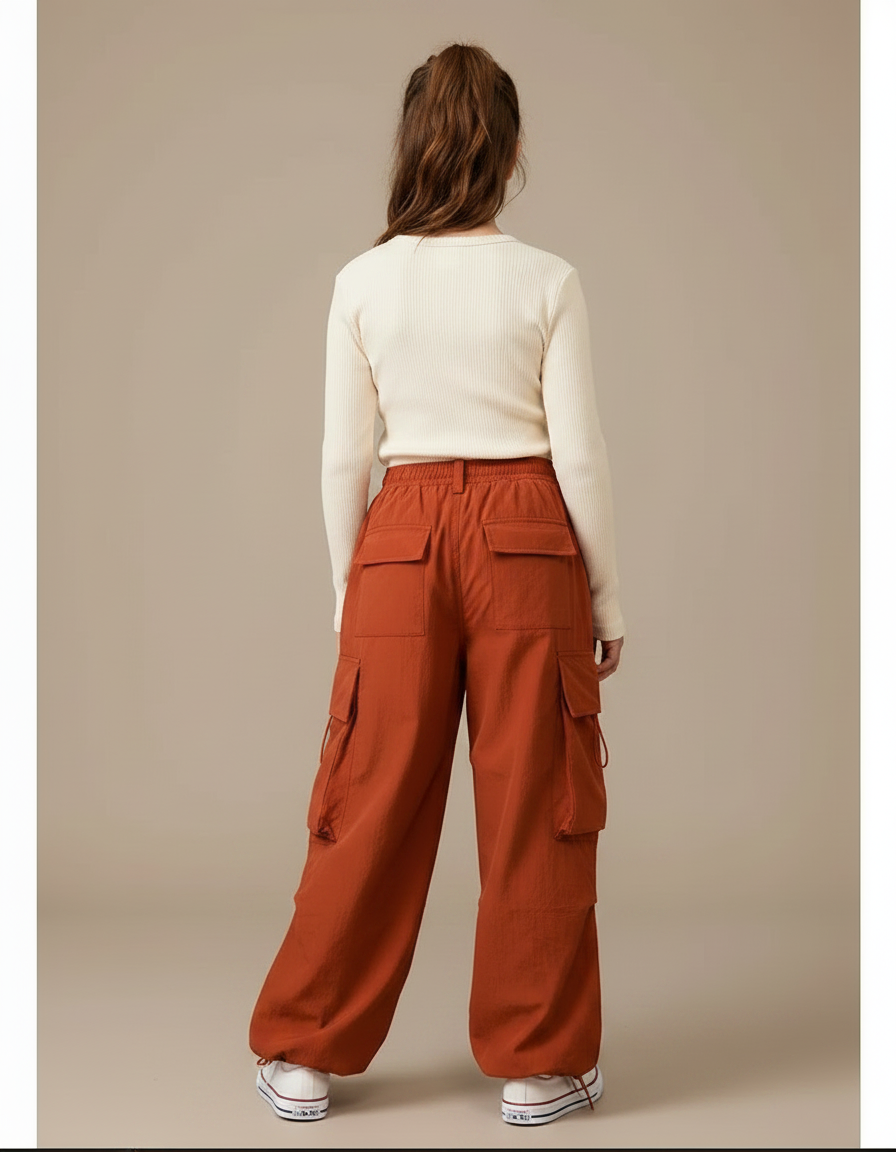 Pantalon Fluide Cargo Ample Orange Enfant - Polyester - vue 2