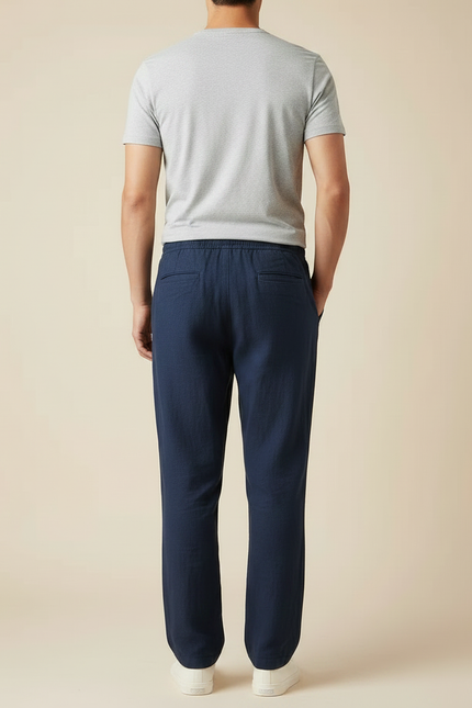 Pantalon Fluide Bleu Marine Lin Ample Cordon Décontracté Homme - vue 2