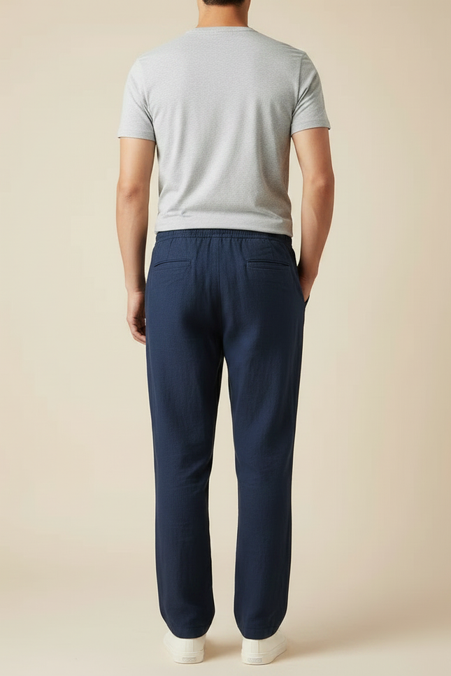 Pantalon Fluide Bleu Marine Lin Ample Cordon Décontracté Homme - vue 2