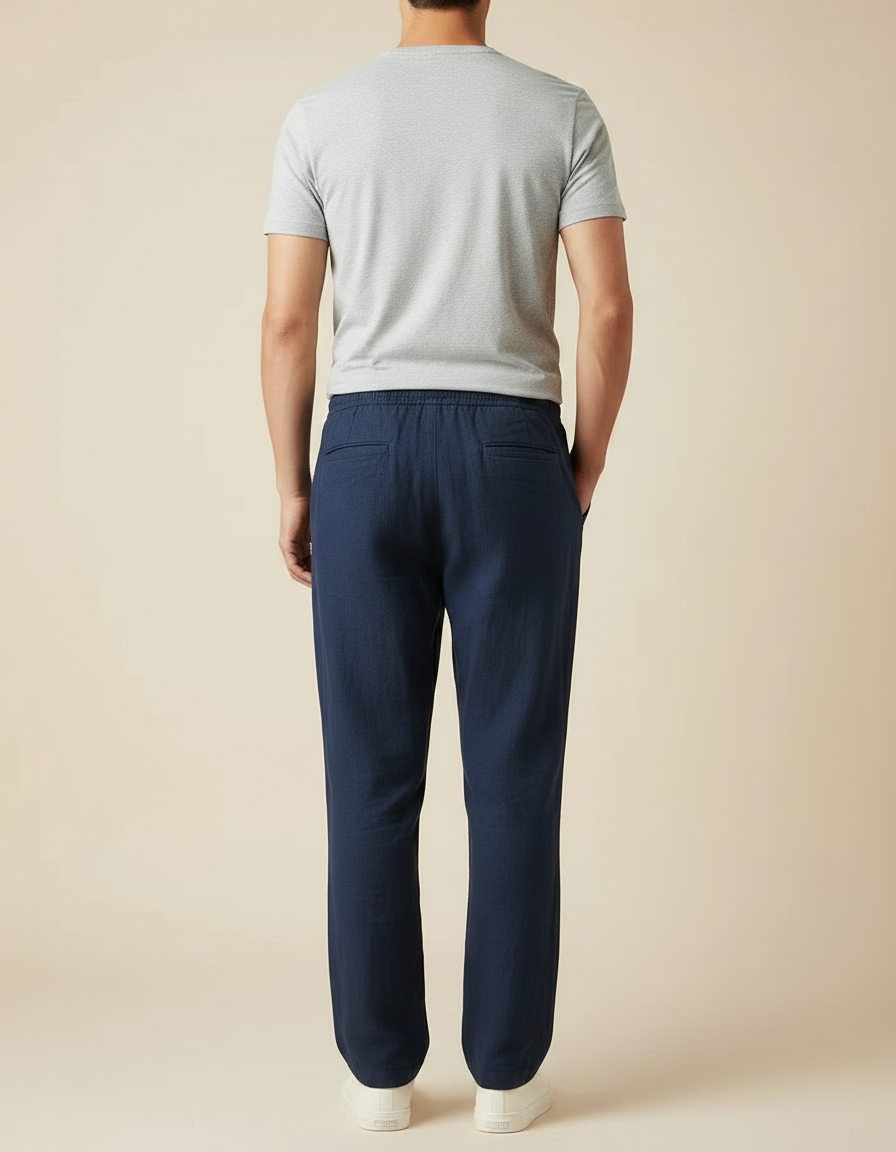 Pantalon Fluide Bleu Marine Lin Ample Cordon Décontracté Homme - vue 2