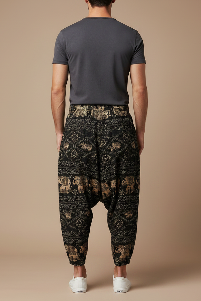 Pantalon Fluide Noir Ample Imprimé Éléphants Harem Coton - vue 2