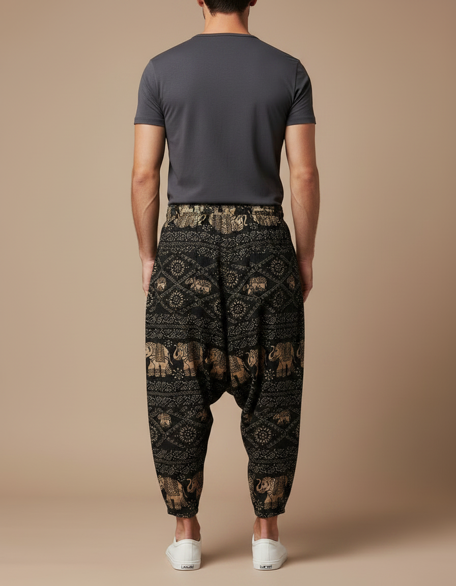 Pantalon Fluide Noir Ample Imprimé Éléphants Harem Coton - vue 2