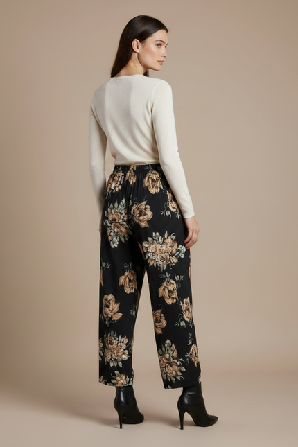Pantalon Fluide Noir Floral Ample Femme Élégant - Imprimé Viscose - vue 2