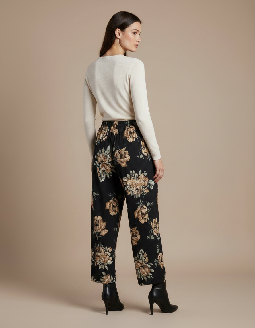 Pantalon Fluide Noir Floral Ample Femme Élégant - Imprimé Viscose - vue 2