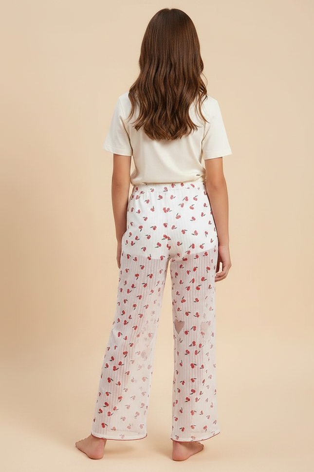 Pantalon Fluide Blanc Transparent Cerises Fille - Polyester - vue 2