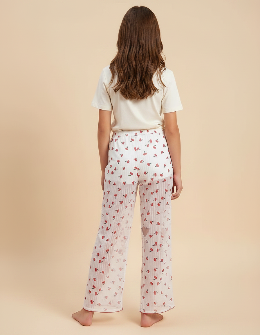 Pantalon Fluide Blanc Transparent Cerises Fille - Polyester - vue 2