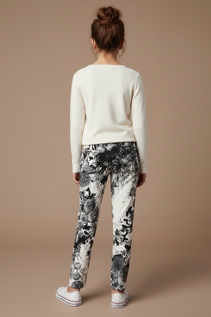 Pantalon Fluide Imprimé Floral Noir Blanc Élastique Enfant - Maille - vue 2