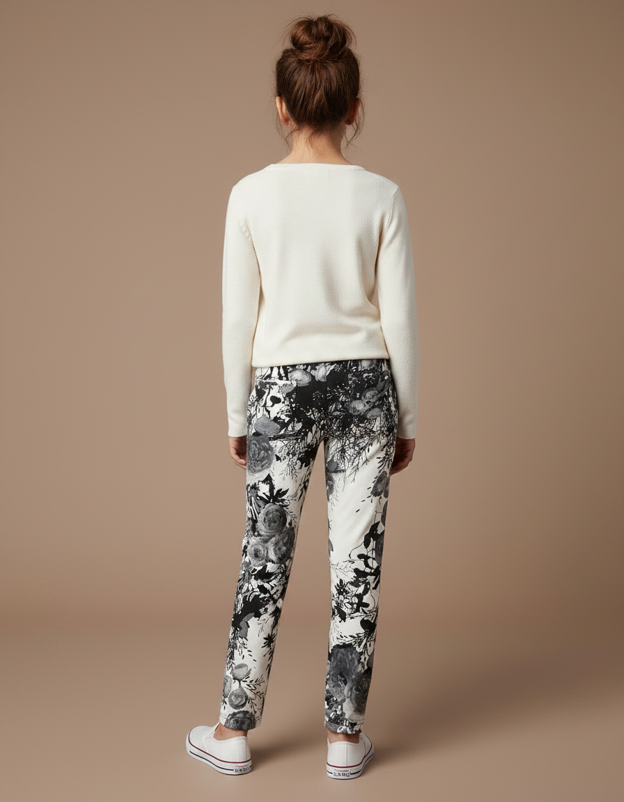 Pantalon Fluide Imprimé Floral Noir Blanc Élastique Enfant - Maille - vue 2