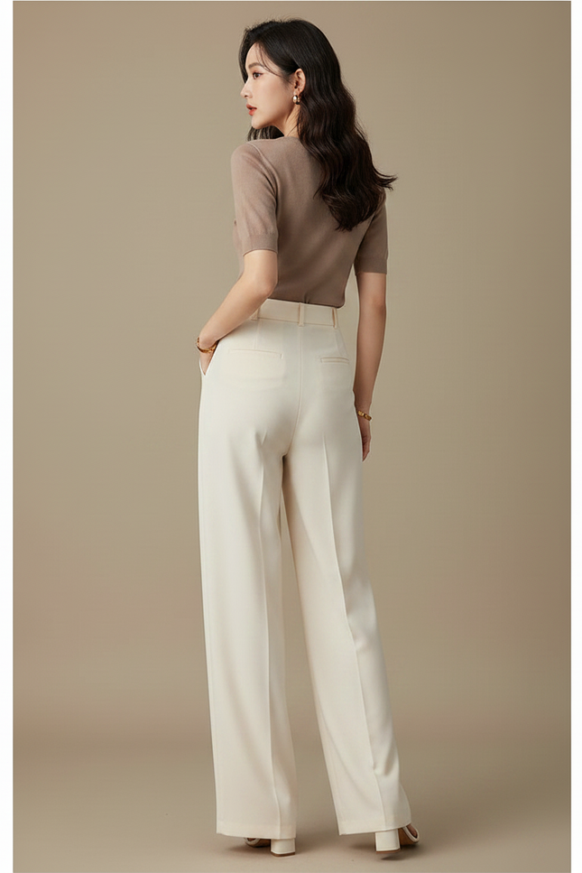 Pantalon Fluide Écru Ample Plissé Élégant Long Droit - Beige Viscose - vue 2