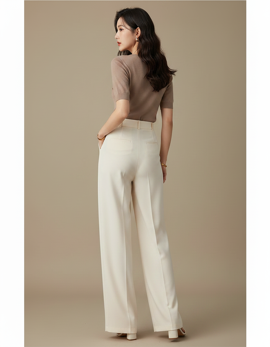 Pantalon Fluide Écru Ample Plissé Élégant Long Droit - Beige Viscose - vue 2