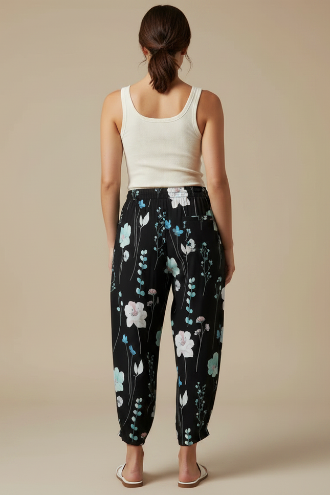 Pantalon Fluide Noir Imprimé Floral Ample Décontracté - Viscose - vue 2