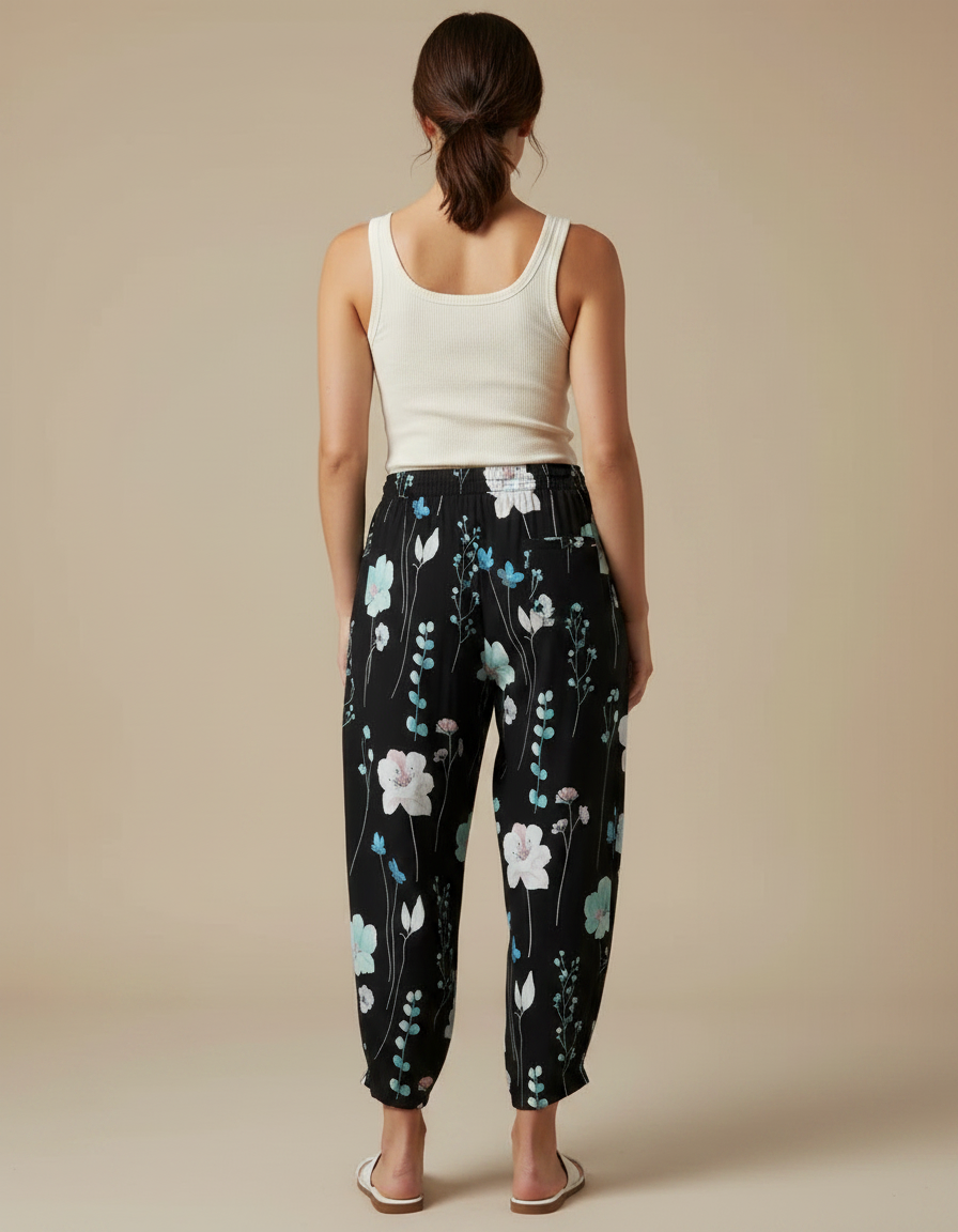 Pantalon Fluide Noir Imprimé Floral Ample Décontracté - Viscose - vue 2