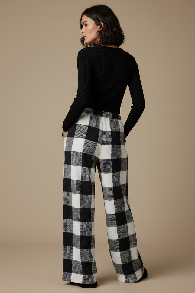 Pantalon Fluide Carreaux Noir Blanc Polaire Ample - Imprimé Molleton - vue 2