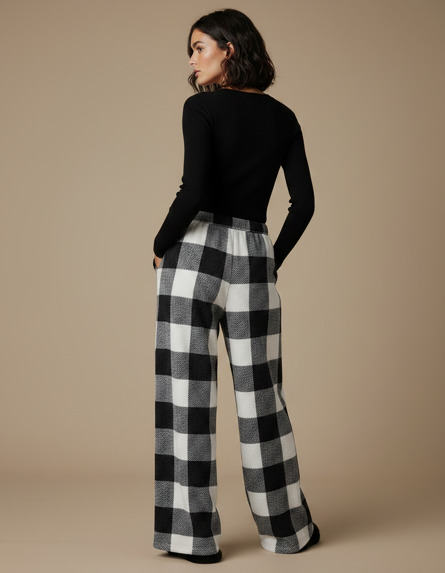 Pantalon Fluide Carreaux Noir Blanc Polaire Ample - Imprimé Molleton - vue 2