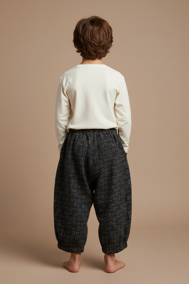 Pantalon Fluide Noir Fleuri Ample Coton Enfant - Imprimé Molleton - vue 2