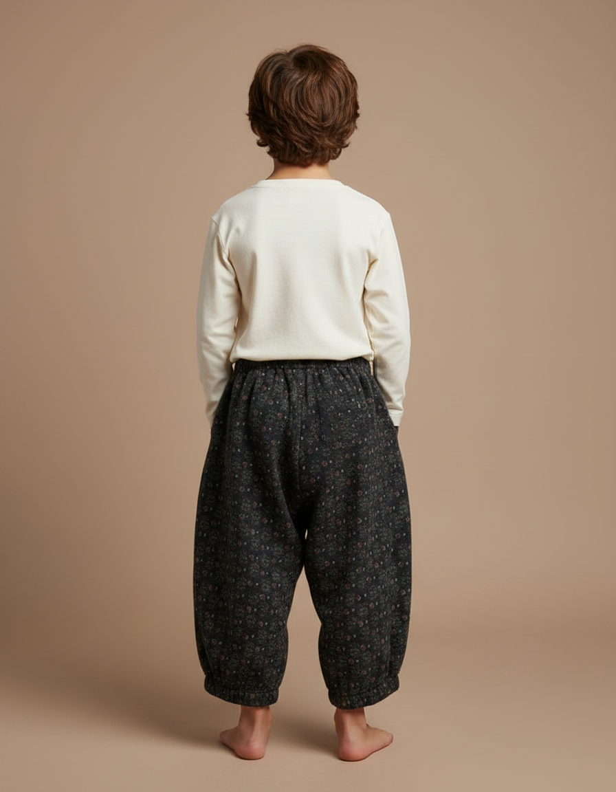 Pantalon Fluide Noir Fleuri Ample Coton Enfant - Imprimé Molleton - vue 2