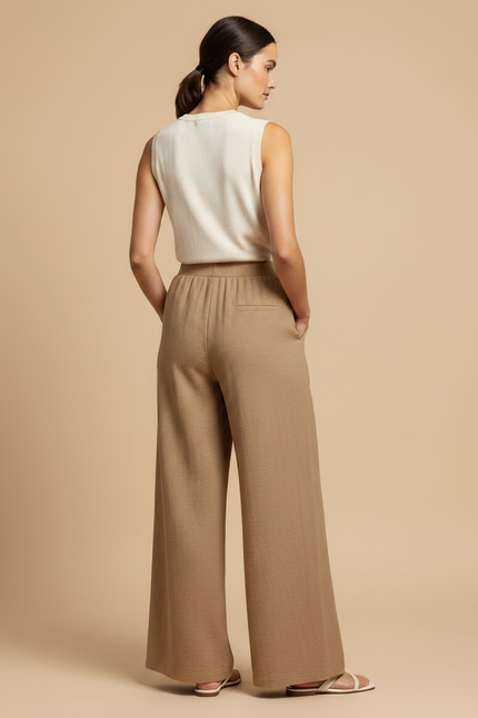 Pantalon Fluide Ample Beige Texturé Confortable Décontracté - Lin - vue 2