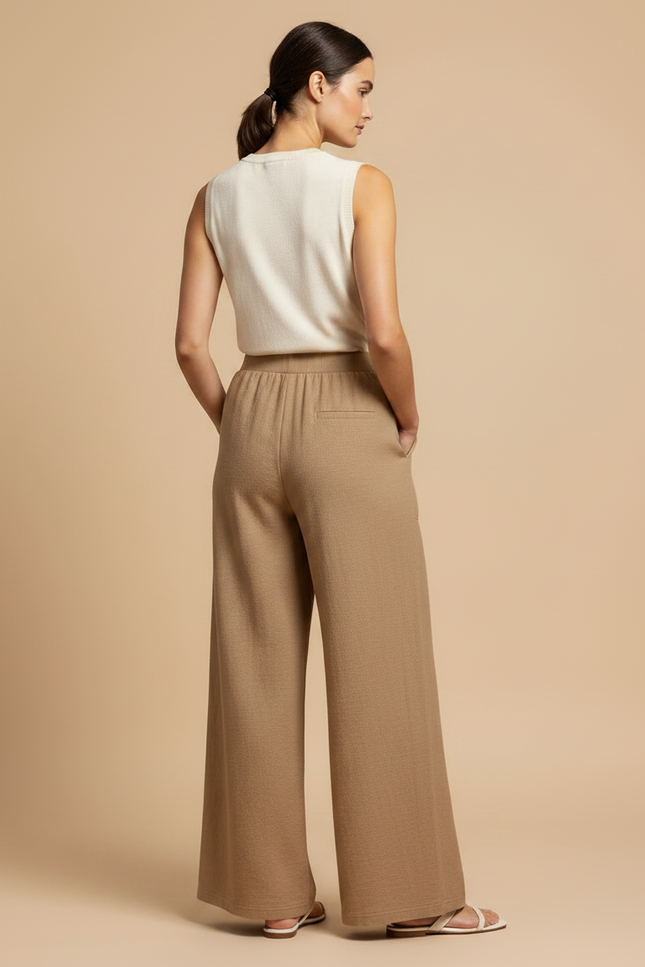 Pantalon Fluide Ample Beige Texturé Confortable Décontracté - Lin - vue 2