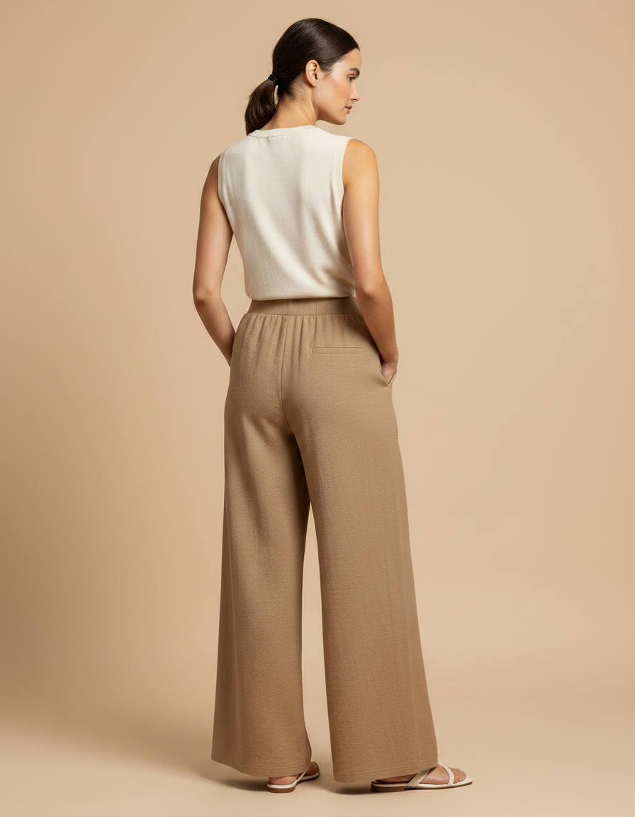Pantalon Fluide Ample Beige Texturé Confortable Décontracté - Lin - vue 2
